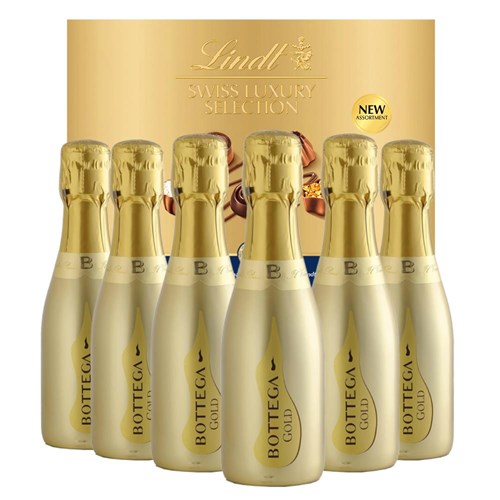 Mini Bottega Gold Prosecco Brut 20cl Case of 6 with Lindt Swiss Tradition Chocolates 193g